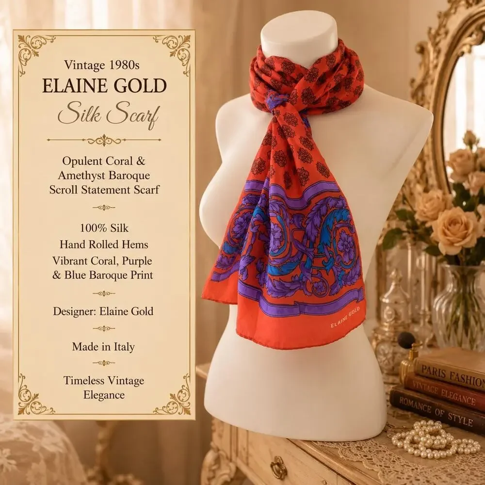 Vintage 80s Elaine Gold Silk Scarf Opulent Coral & Amethyst Baroque Scroll Scarf